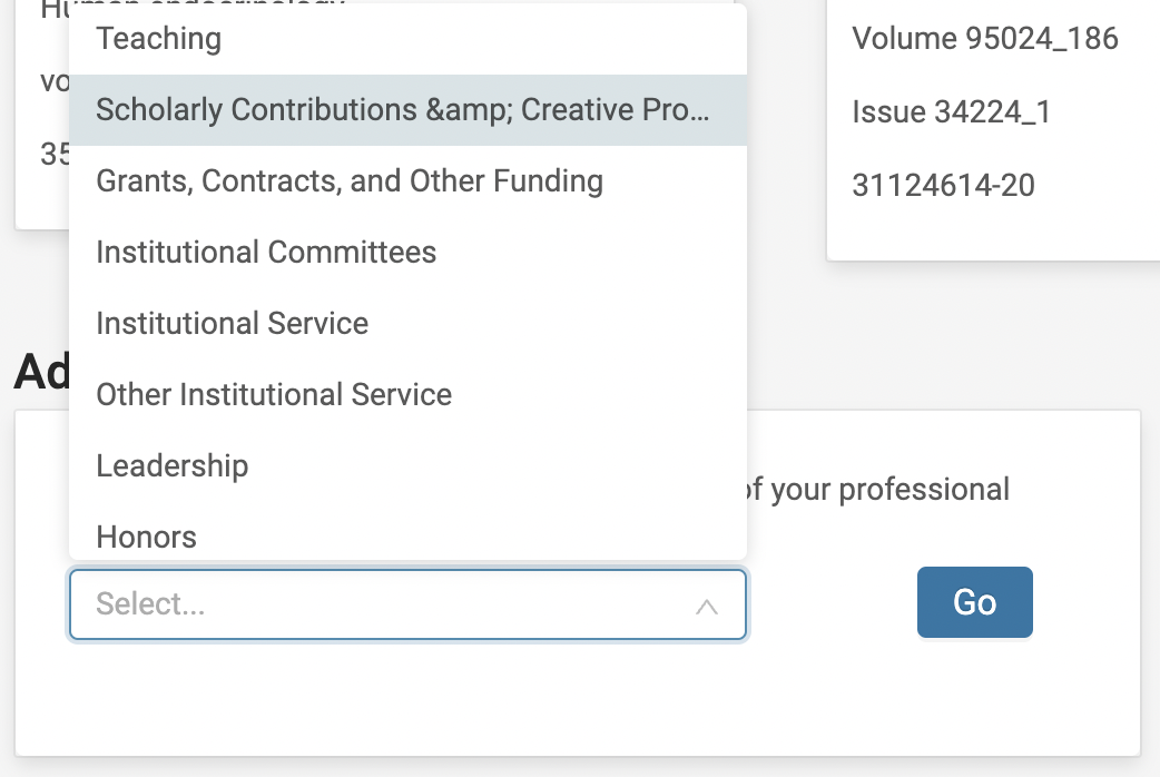 Scholarly Contributions selected from the dropdown list