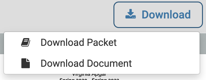 Download dropdown with Download Packet and Download Document available
