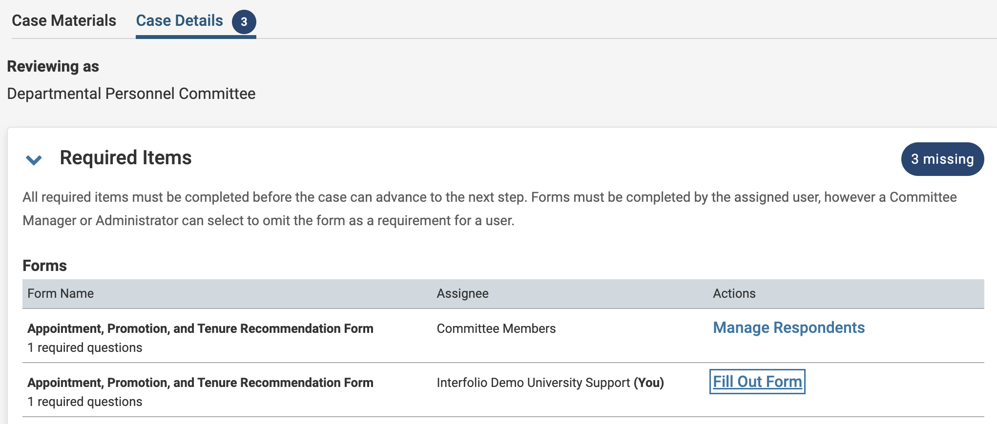 Case Details tab with Fill Out Form selected under Action column
