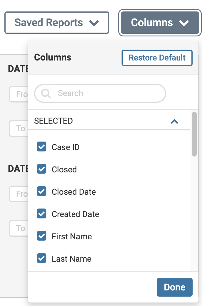 Columns dropdown with options selected