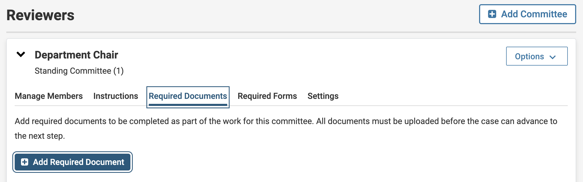 Required Documents tab selected with Add Required documents button below.
