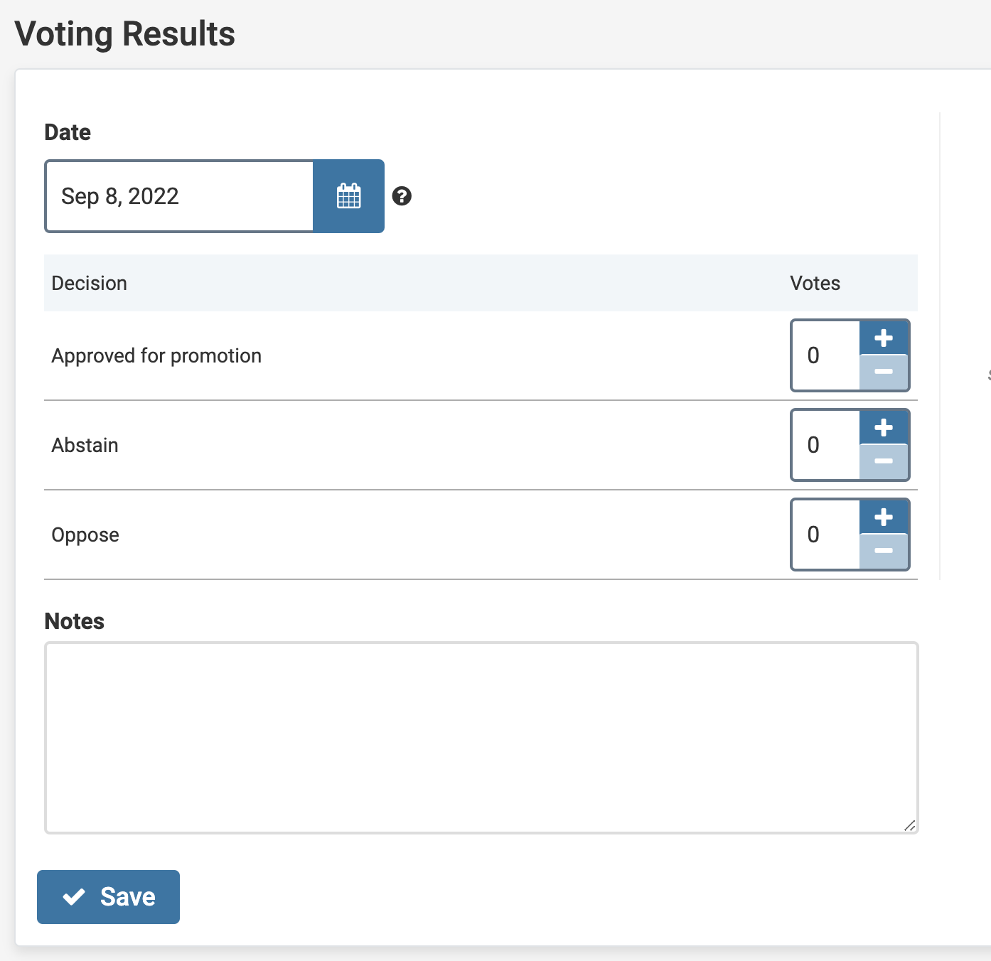 Voting Results section with plus and minus buttons to record voting results