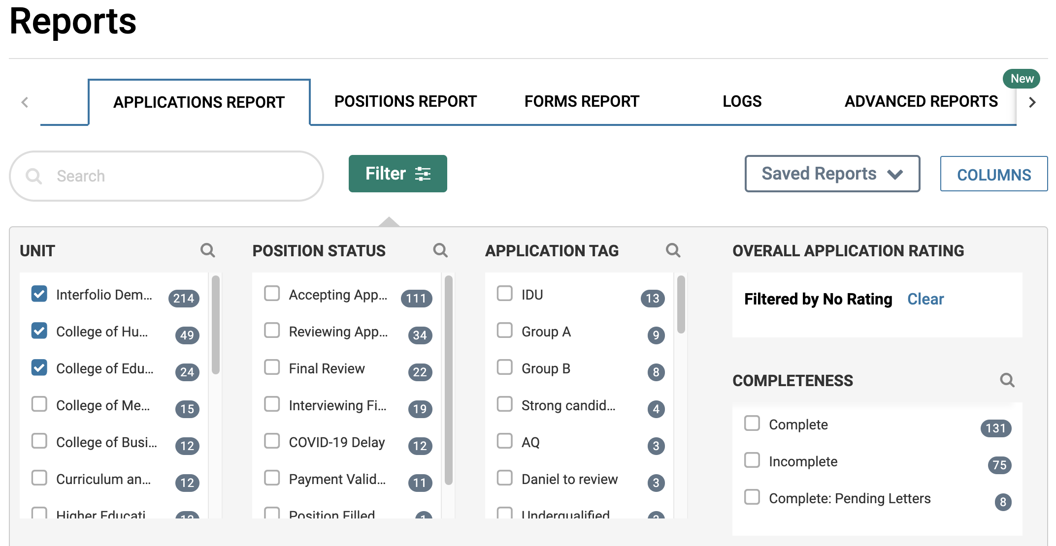Filters tab showing list of possible filters below report tabs