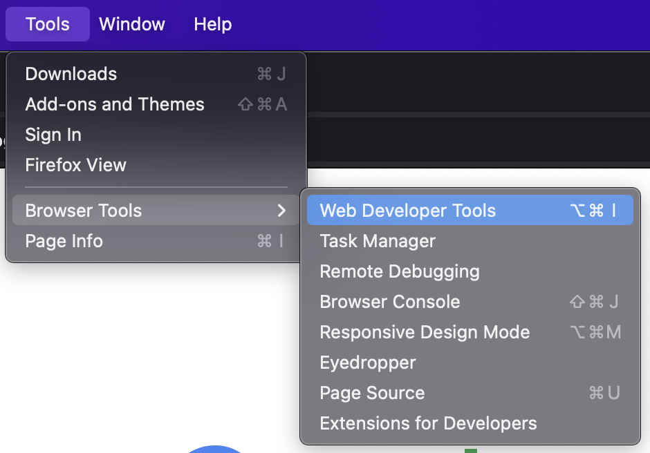 Web Developer Tools selected under Tools, Browser Tools