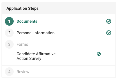 Application Steps listed as Documents, Personal Information, Forms, and Review 