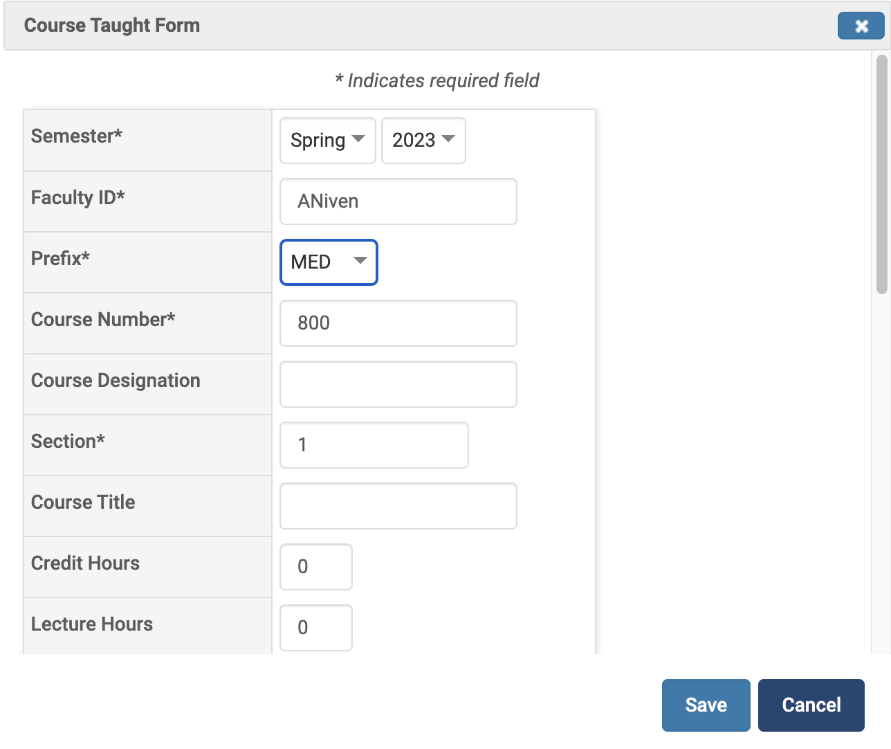 Prefix dropdown selected on the Courses Taught Form
