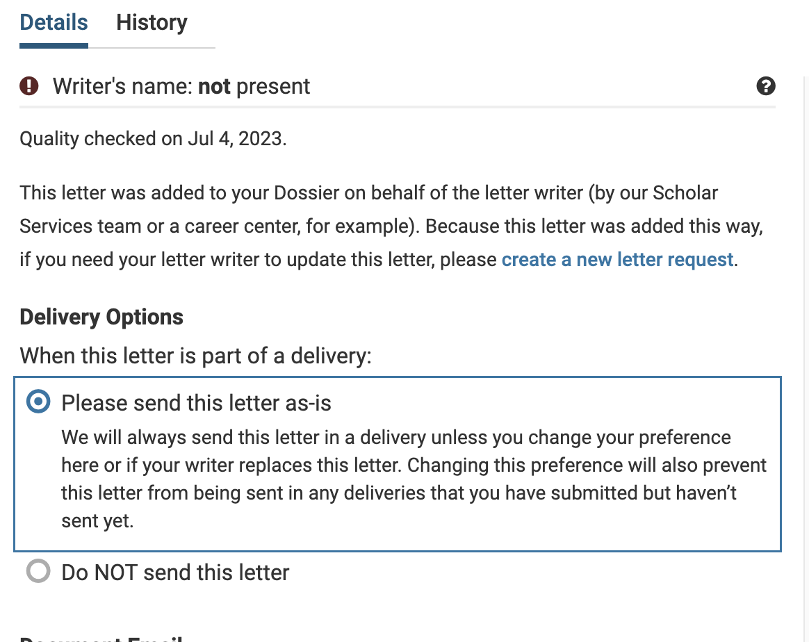 Please send this letter as-is options selected under the Delivery Options section