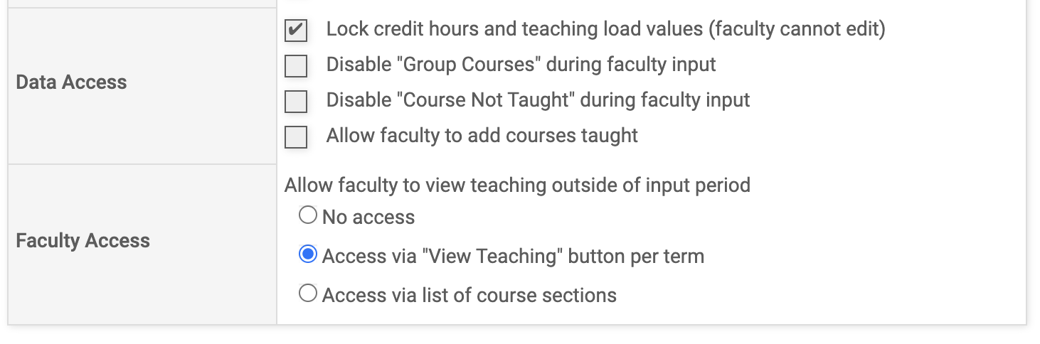Data and Faculty Access sections with permission options