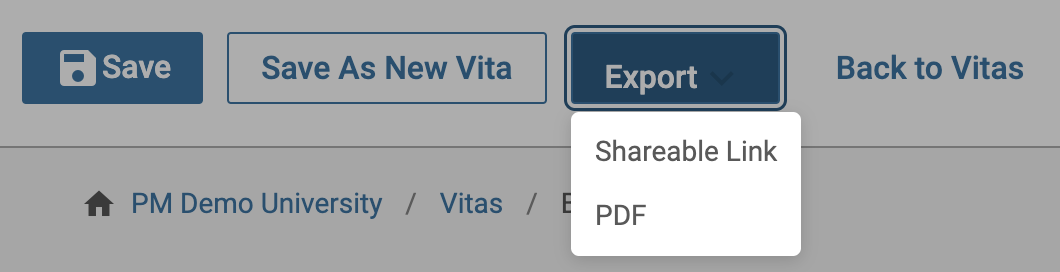 Export dropdown selected with Shareable Link and PDF dropdown options