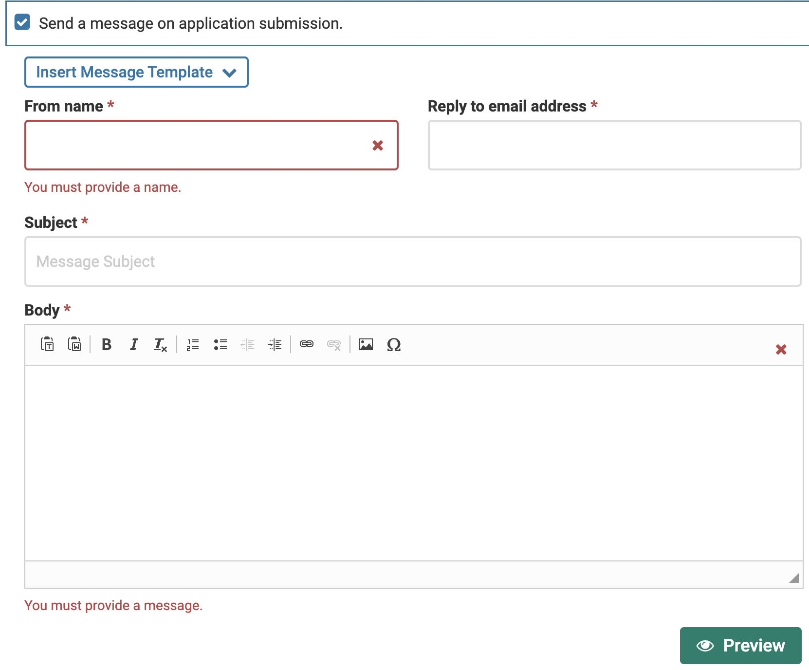 Send a message on application submission checkbox is selected