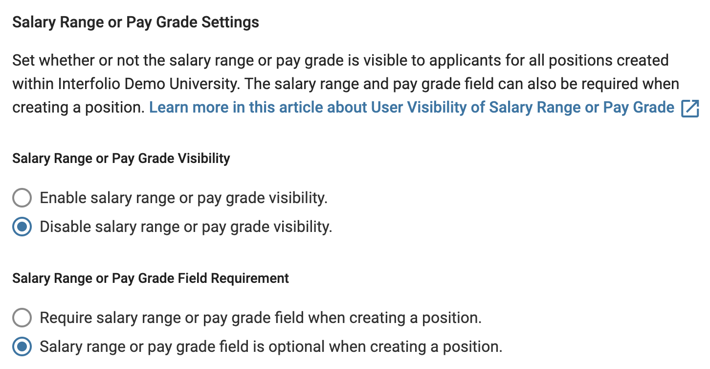 Salary Range or Pay Grade settings section with Salary Range or Pay Grade visibility subsection with enable/disable boxes below and a field requirement section with required/optional radio boxes below