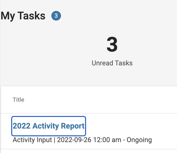 Activity Input Form selected under My Tasks