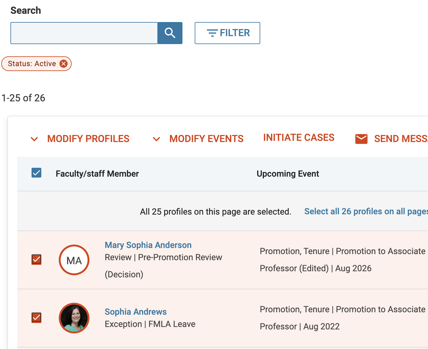 Faculty Selected and Modify Events button