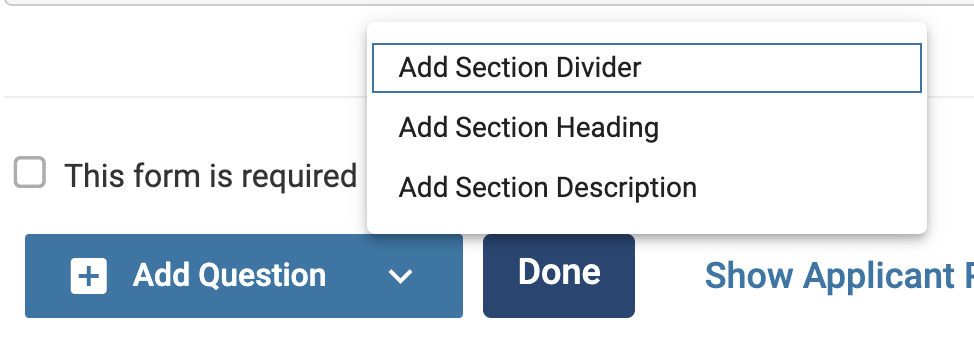 Add Question down arrow selected with dropdown shown with Add Section Divider, Add Section Heading, and Add Section Description available