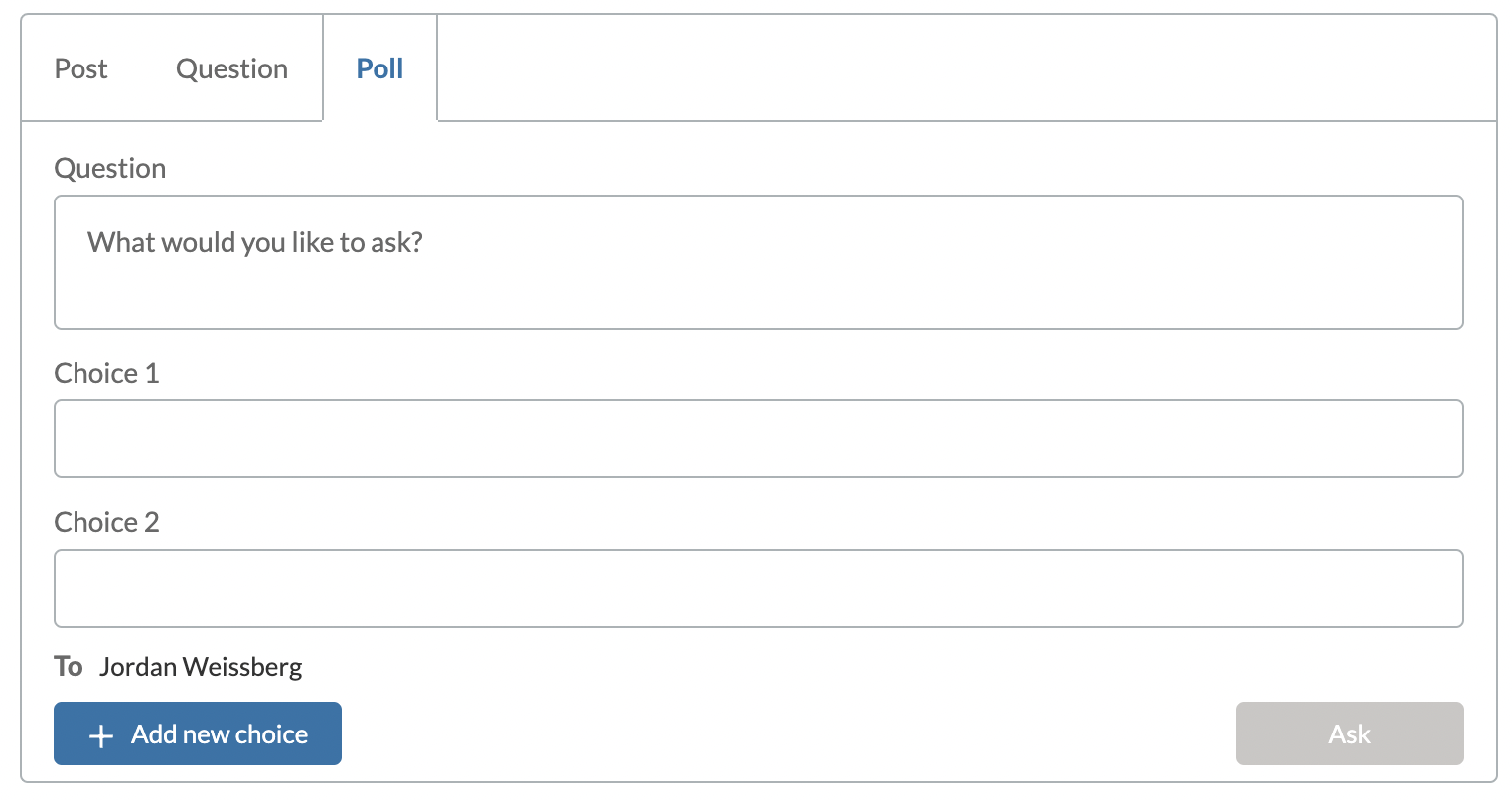 Poll tab selected with question, choice 1, and choice 2 fields below