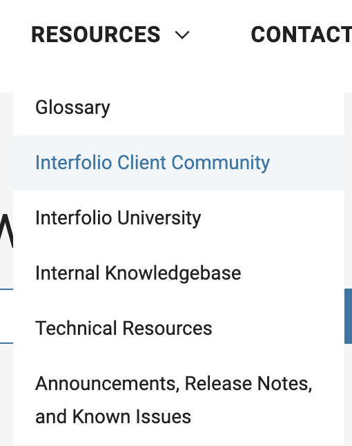 Resources dropdown with Interfolio Client Community selected