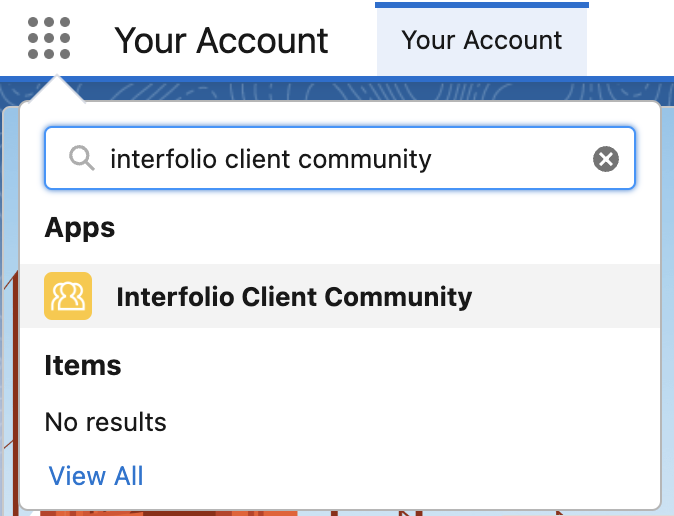 Interfolio Client Community in search bar below your account