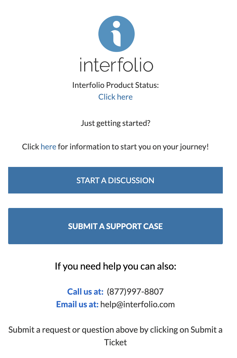 Start a Discussion button above submit a support case button, above the Interfolio Phone Number (877)997-8807 and email address help@interfolio.com