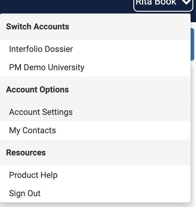 dropdown menu with Account Settings selected under Account Options