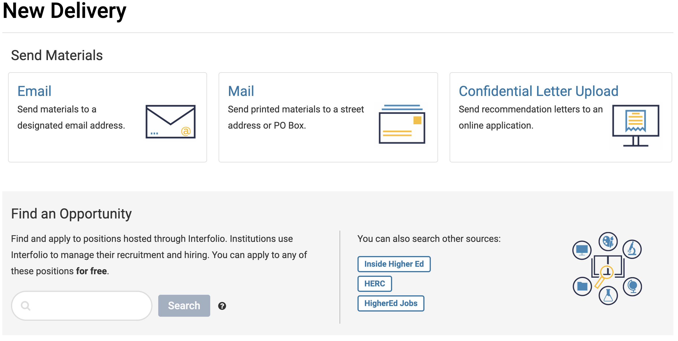 New Delivery Page with Email, Mail, and COnfidential Letter Upload selections below the Send Materials section and a search bar below that in the Find and Opportunity section
