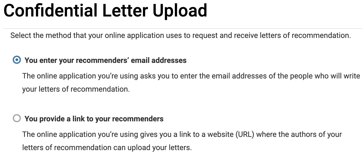 Confidential Letter Upload page with You enter your recommenders' email addresses selected below