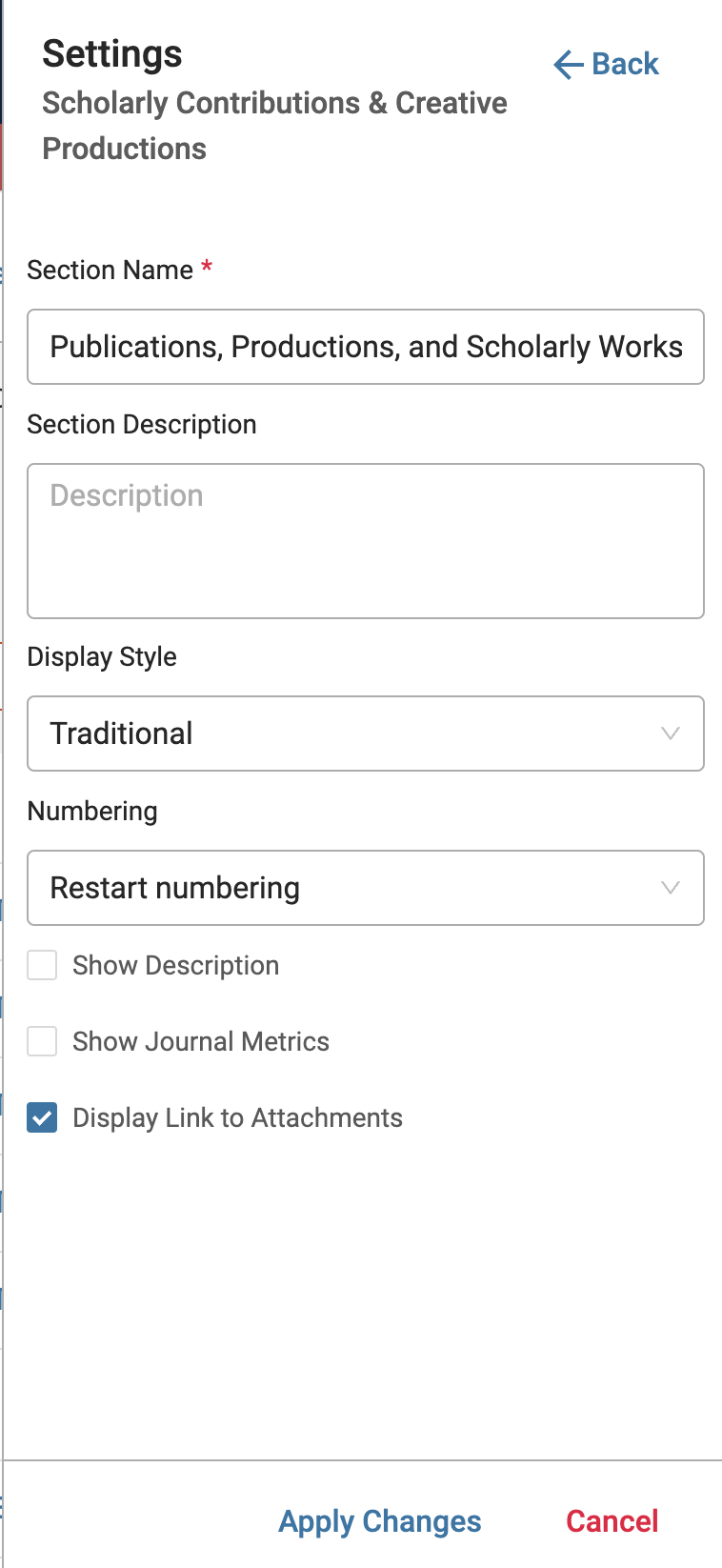 Settings drawer displays with section name field, section description field, display style field, numbering field, and show description, show journal metrics, and display link to attachments checkboxes