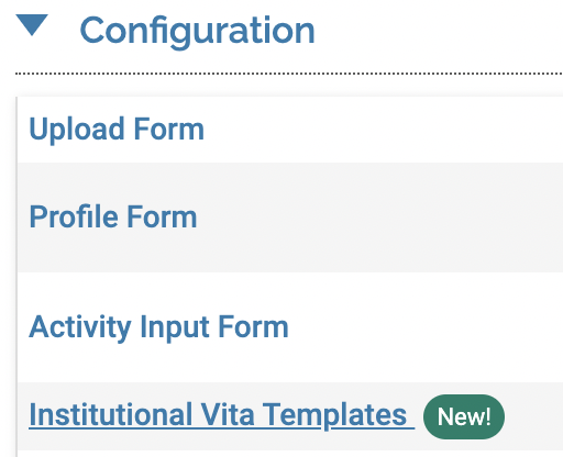 Institutional Vita Templates selected under Configuration