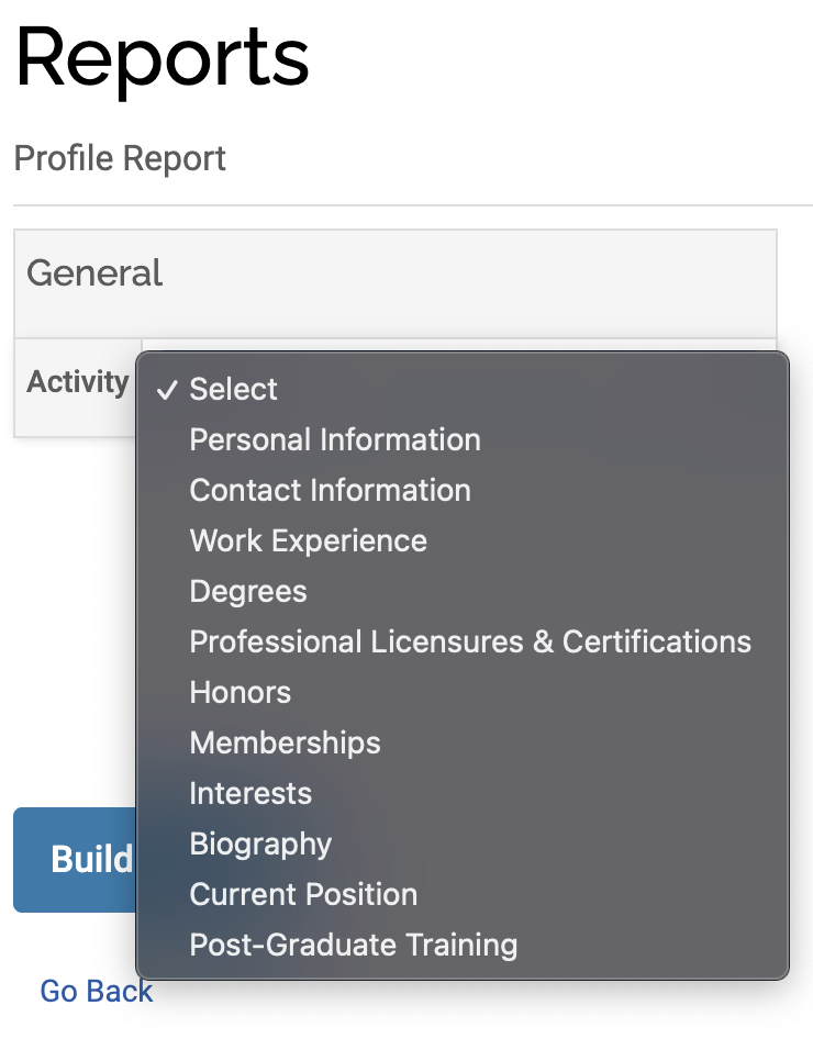 Reports section with the dropdown shown adjacent to the Activity row