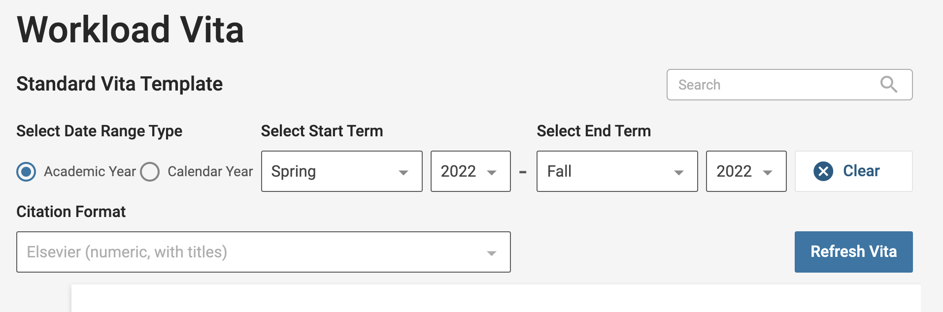 Workload Vita section with Select Date Range Type, Start Term, End Term, and Citation Format fields below