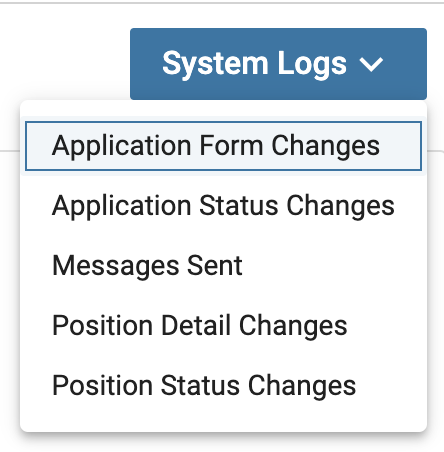 Application Form Changes selected from the System Logs dropdown