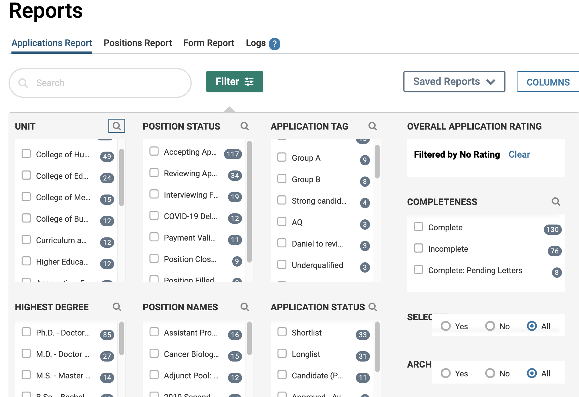 Reports page with Applications Report tab selected and list of filters displayed below