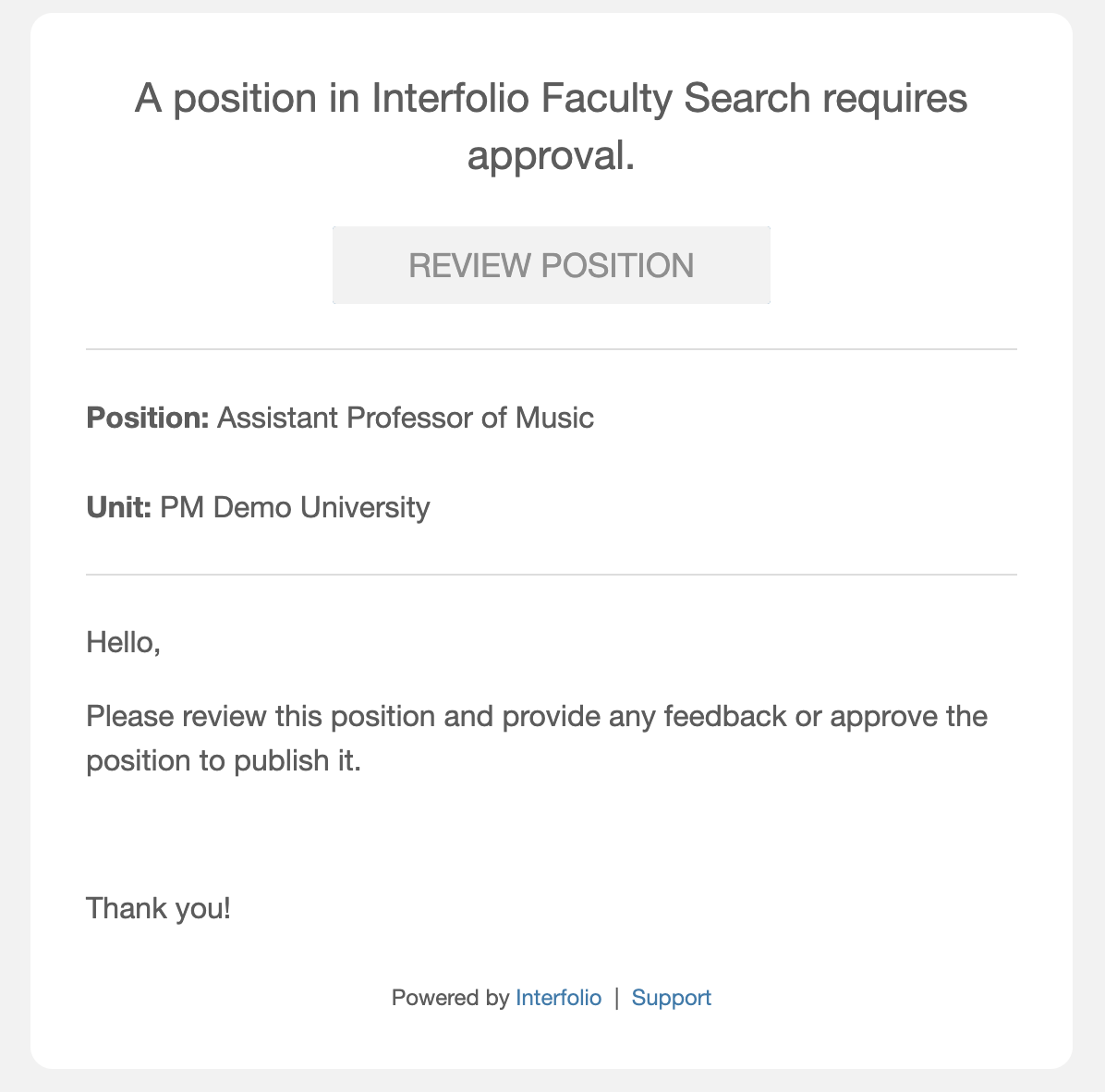 A position in Interfolio Faculty Search requires approval at the top of the page with Review Position button below