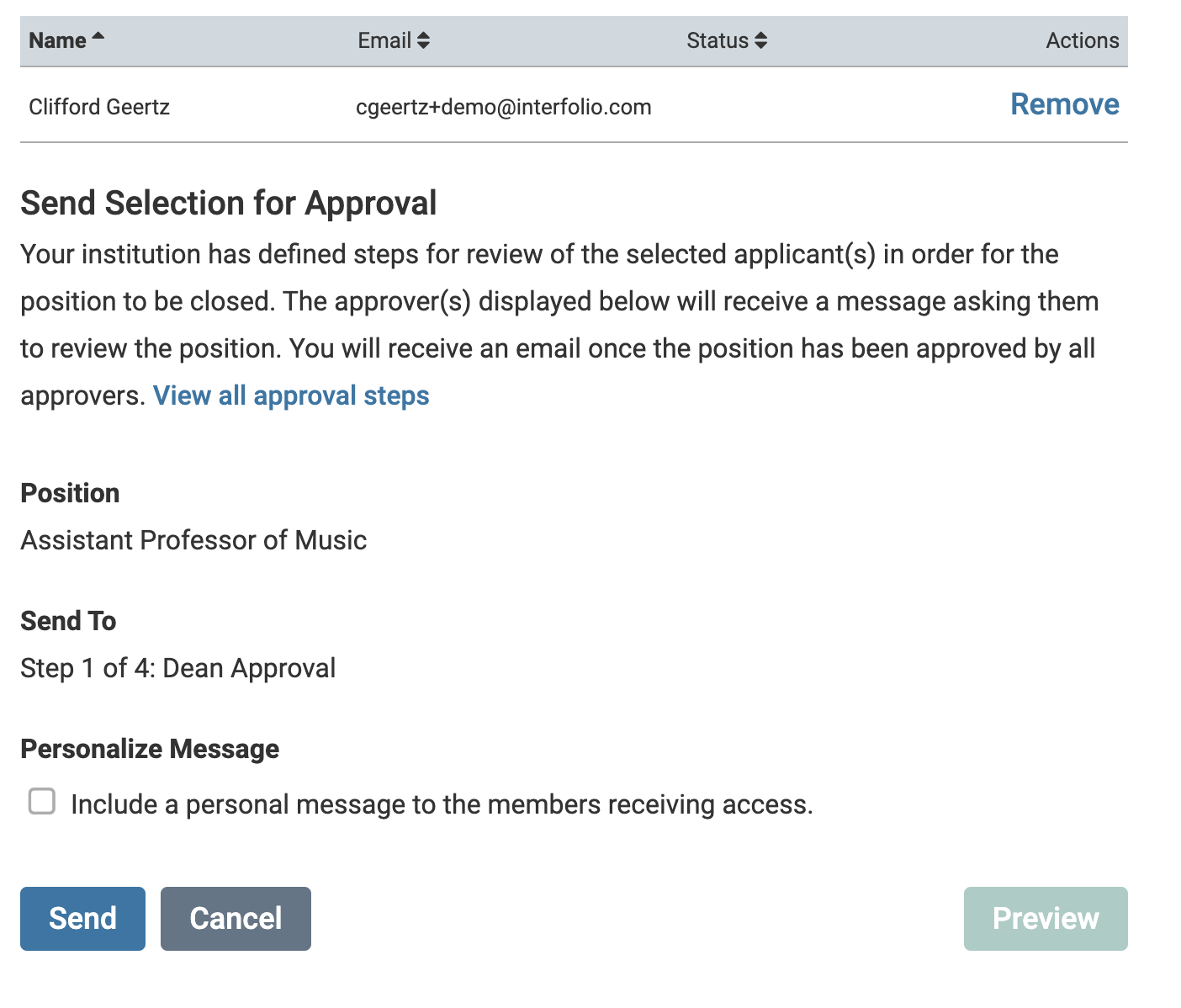 Send Selection for Approval section below the selected applicant name. View all approval steps button below, Include a personal message checkbox near the bottom, Send button at the bottom