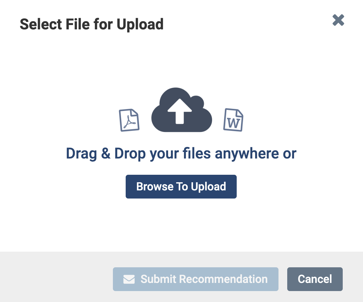 Select File for Upload section with Browse To Upload button and Submit Recommendation button at the bottom of the page