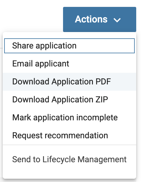 Download Application PDF selected under the Actions dropdown with Download Application ZIP below