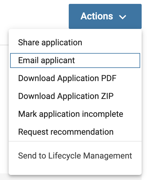 Email applicant selected under the Actions dropdown