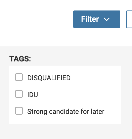 Filter button with Tags section below with available tags