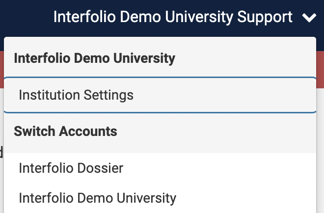 Branding Settings selected from the dropdown under the Interfolio Demo University section