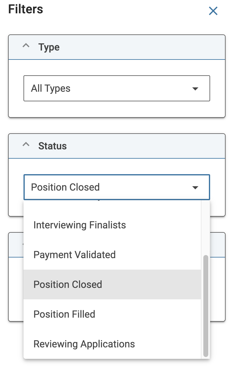 Position Closed selected under the Status dropdown