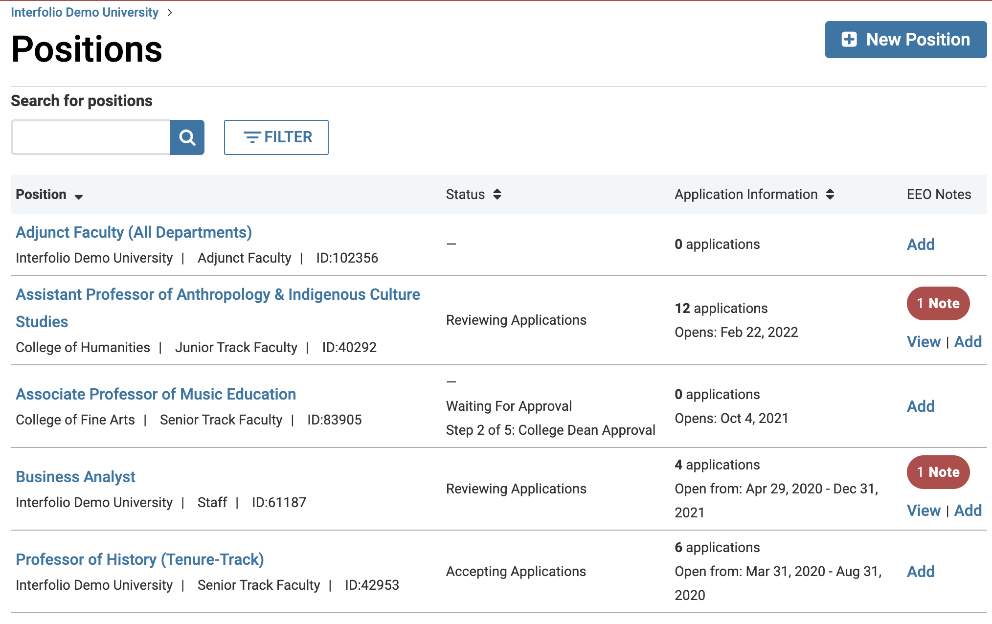 Positions page with Positions, Status, Application Information, and EEO Notes columns