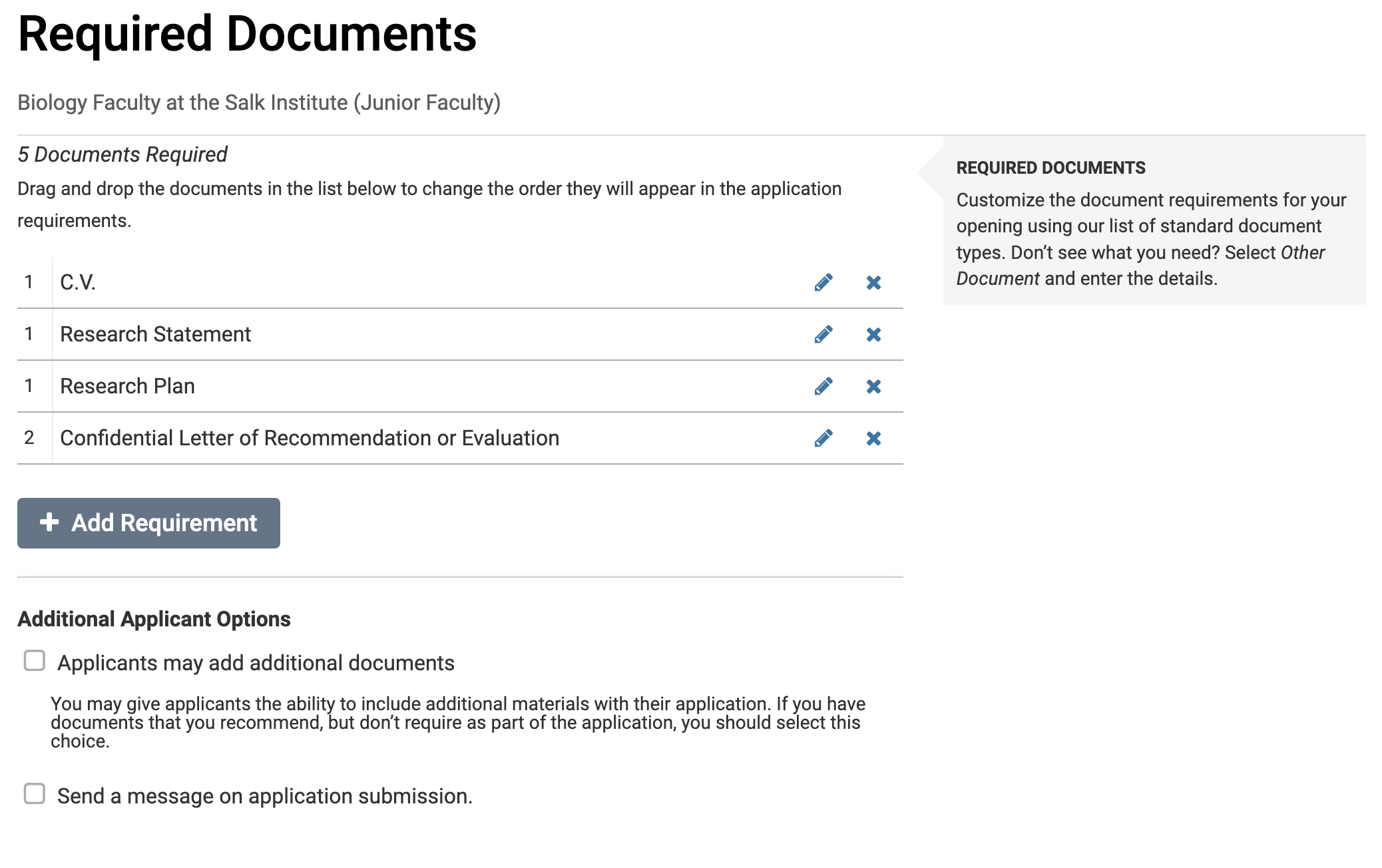 Required Documents section with Add Requirement button below