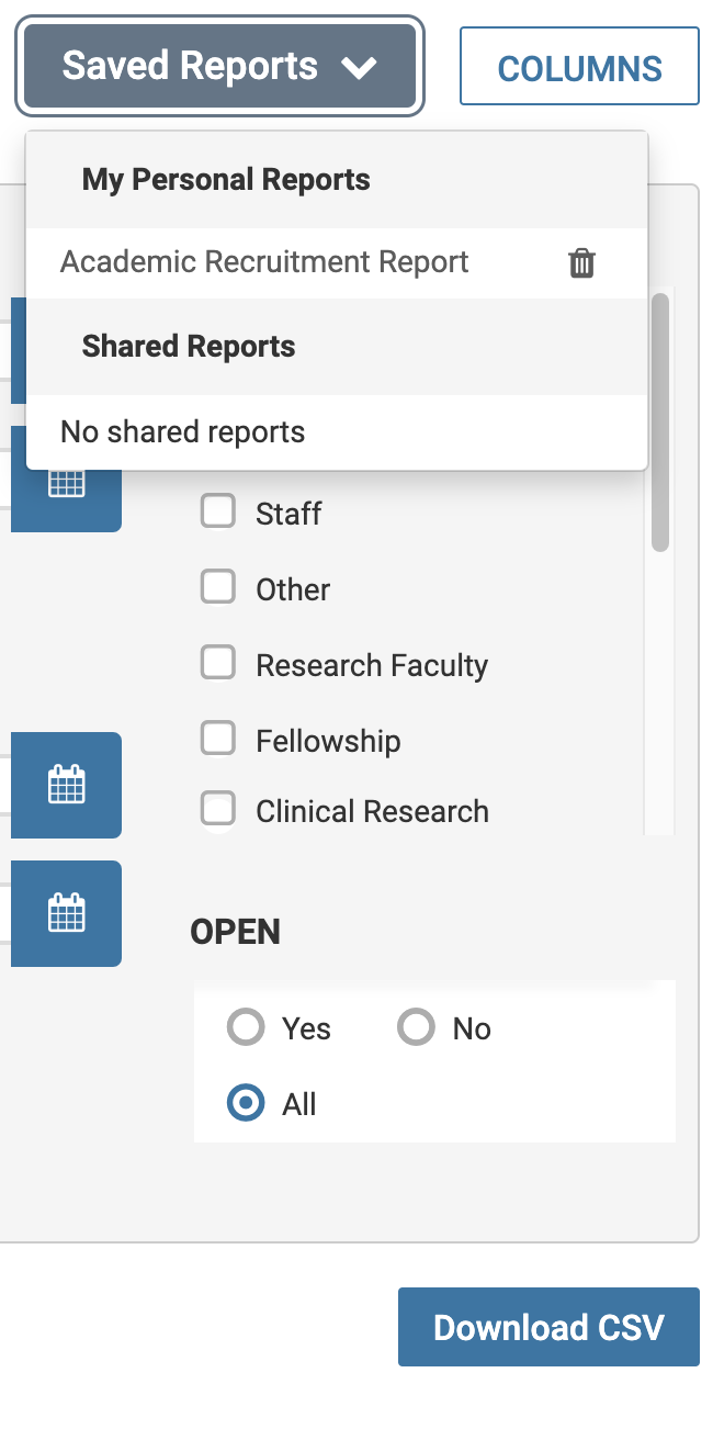 Saved Reports dropdown listing My Personal Reports section and Shared Reports section with Download CSV button all the way at the bottom of the page