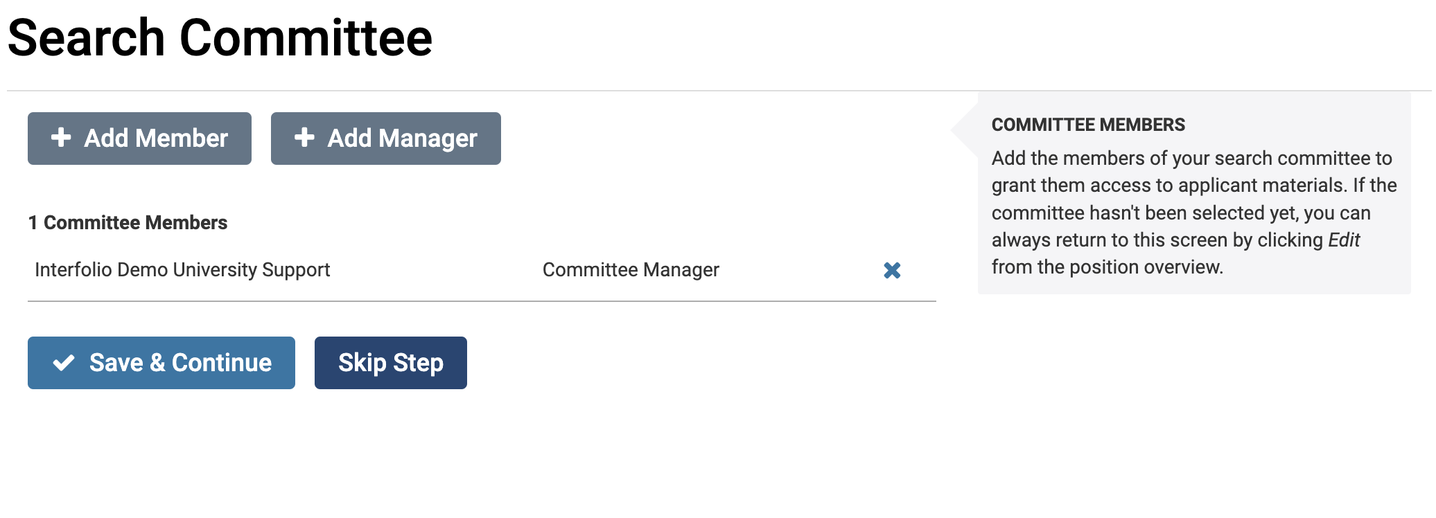 Search Committee section with Add Member and Add Manager button below