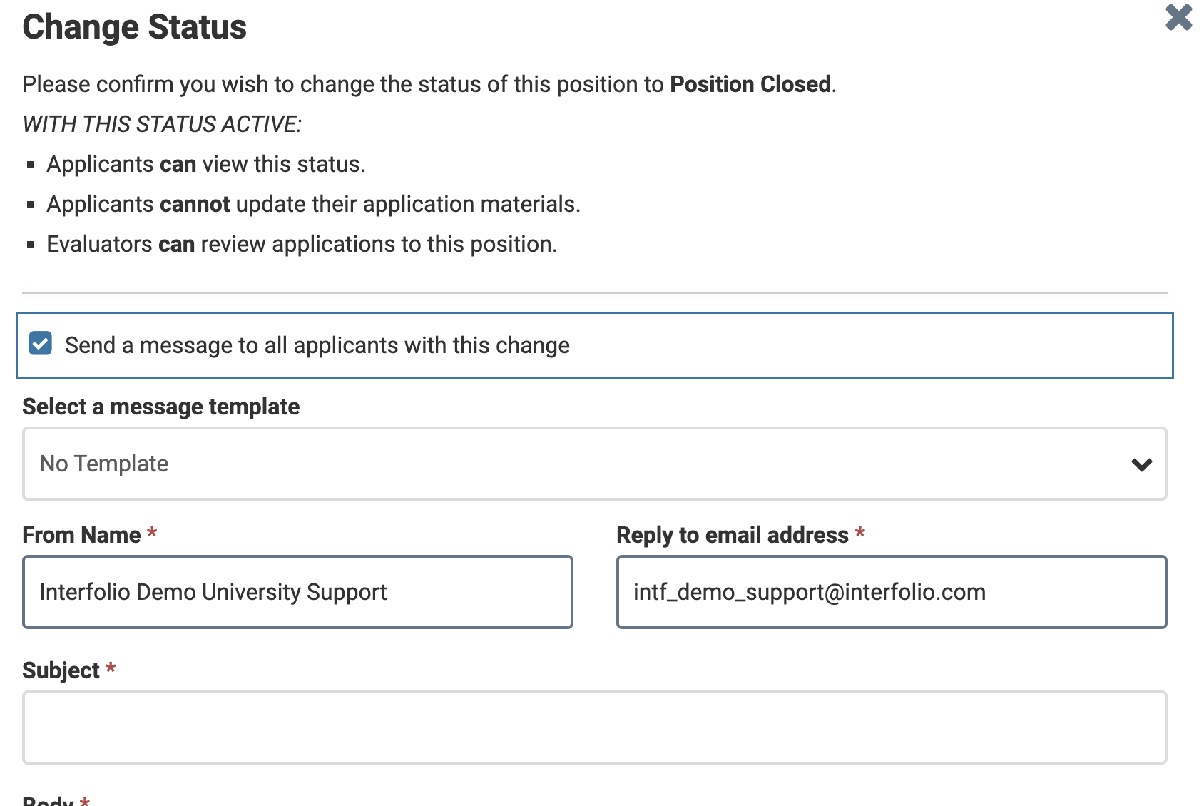 Change Status section with Send a message to all applicants with this change selected and message template dropdown below