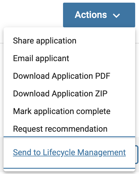 Send to Lifecycle Management selected at the bottom of the Actions dropdown menu