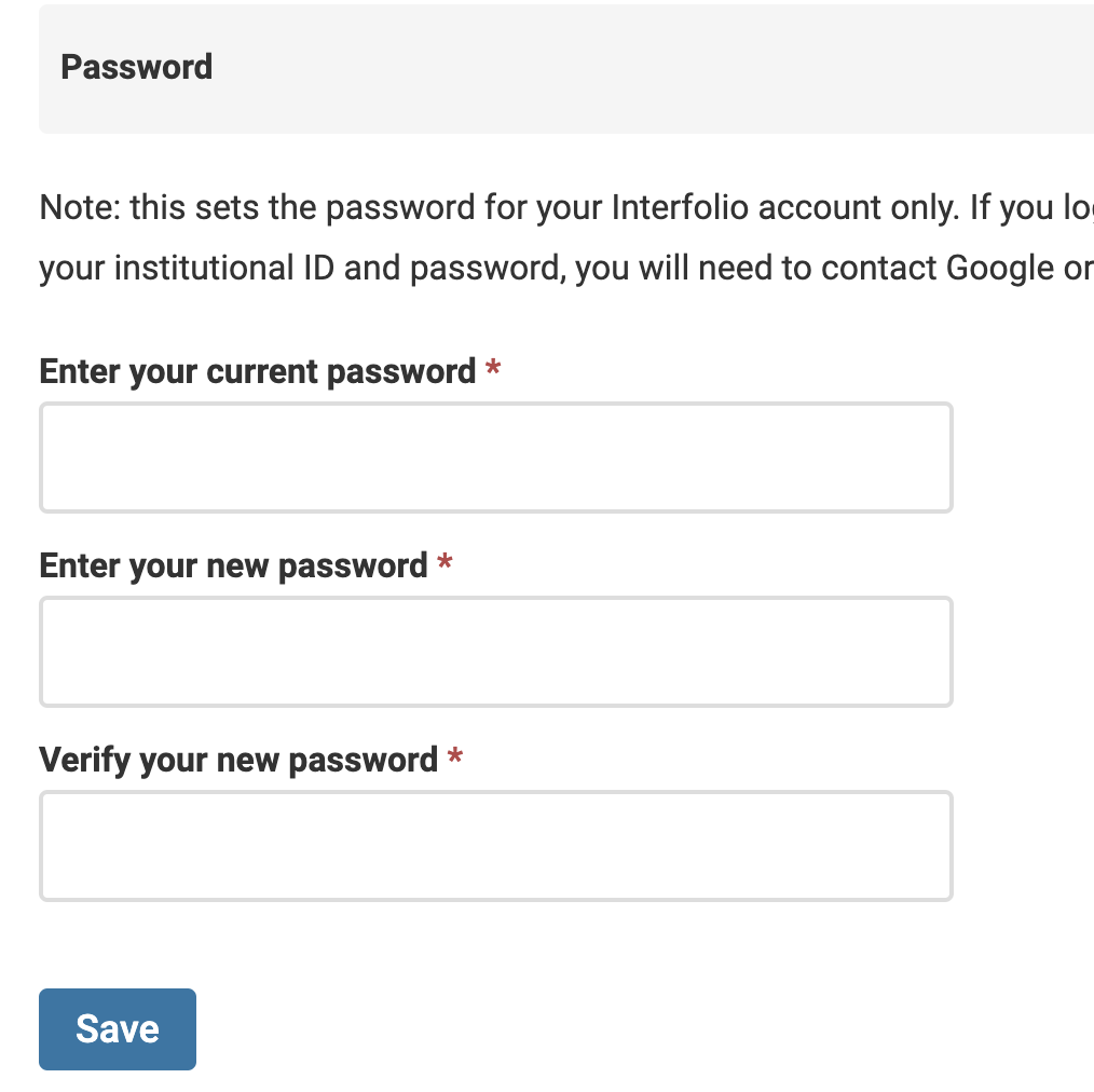 Password section with Enter your current password, enter your new password, and verify your new password field below with a save button at the bottom