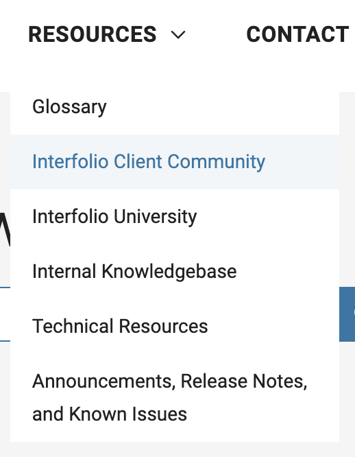 Resources dropdown with Interfolio Client Community selected
