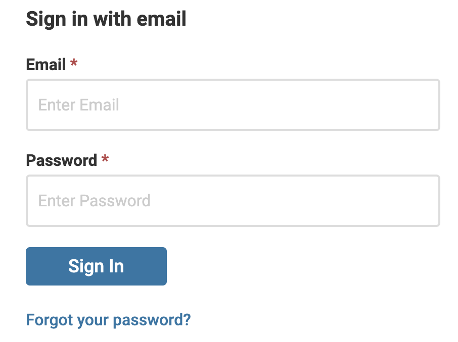 Sign in with email section with Email and Password field above a sign in button