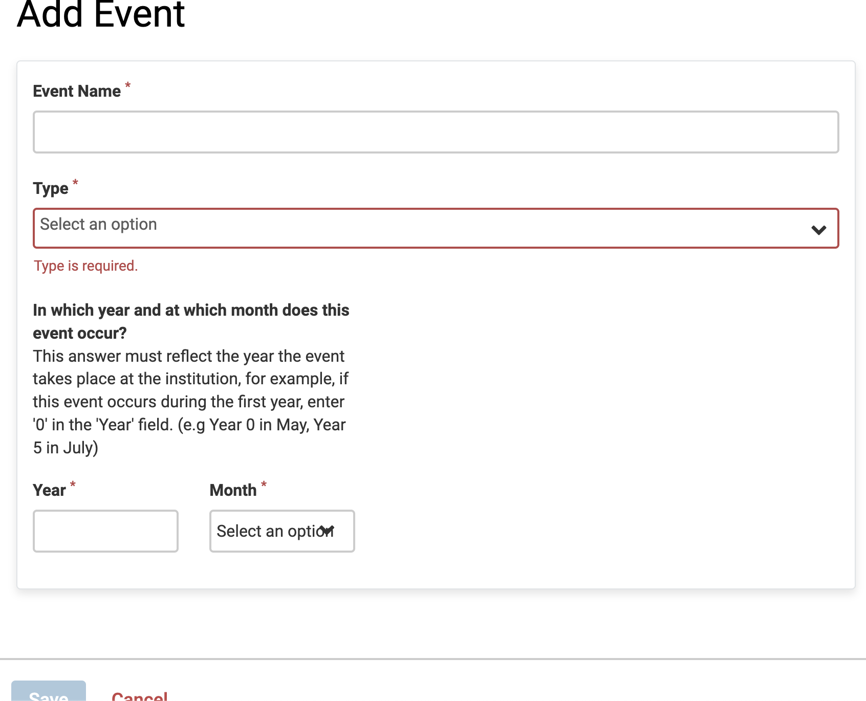 Add Event section with Event Name field, Type dropdown, and Year field below with Save button at the bottom