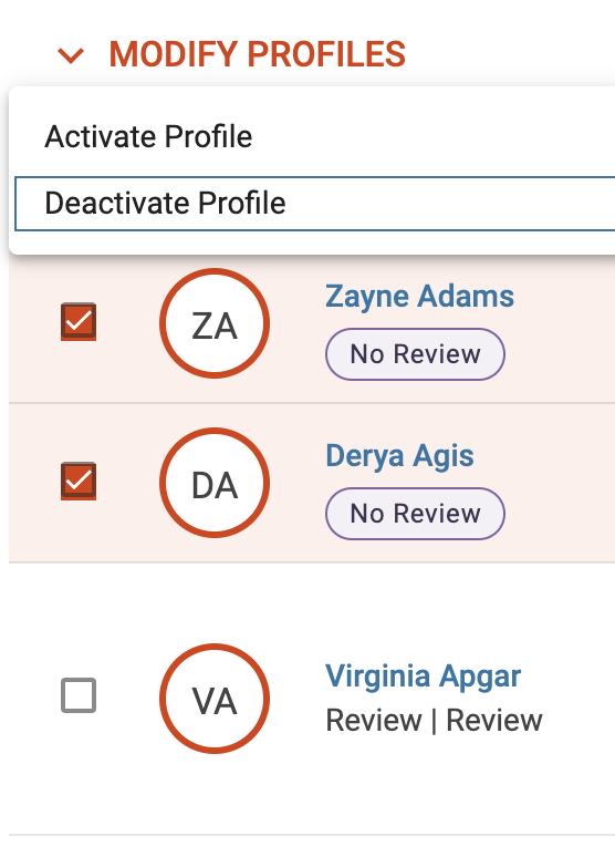 Deactivate Profile selected from the Modify Profiles dropdown